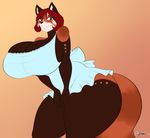  2017 absurd_res anthro apron big_breasts blush breasts cleavage clothed clothing female hi_res huge_breasts mammal raccoon side_boob smile solo supersonicrulaa 