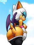  2017 bat big_breasts big_butt breasts butt clothed clothing eyelashes female gloves invalid_tag looking_back mammal nipples pants_down partially_clothed pussy revtilian rouge_the_bat side_boob smile sonic_(series) wings 