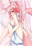  animal_ears backless_outfit blush breasts fox_ears fox_tail hair_ornament hair_ribbon highres japanese_clothes kazamatsuri_kazari large_breasts long_hair looking_at_viewer looking_to_the_side meme_attire mizuki_(kogetsu-tei) naked_sweater original pink_hair ponytail red_eyes ribbed_sweater ribbon sideboob solo sweater tail turtleneck turtleneck_sweater virgin_killer_sweater zoom_layer 