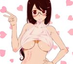  areola_slip areolae bakemonogatari black_hair breasts breasts_apart brown_eyes clothes_in_mouth collarbone commentary_request glasses hand_on_hip hanekawa_tsubasa heart highres large_breasts looking_at_viewer monogatari_(series) no_bra pancakehotmot red_eyes twitter_username underboob upper_body v 