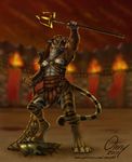  arena armor clothed clothing feline female gladiator helmet mammal melee_weapon muscular muscular_female net omny87 pauldron polearm roaring tiger topless trident weapon 