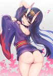  alternate_hair_length alternate_hairstyle arms_up ass back bad_arm bare_shoulders commentary_request fate/grand_order fate_(series) floral_background gradient gradient_background horns japanese_clothes kimono long_hair looking_at_viewer off_shoulder oni oni_horns open_mouth purple_eyes purple_hair shuten_douji_(fate/grand_order) smile solo tgh326 thong 
