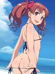  ass bare_shoulders bikini bikini_pull blush body_blush bow breasts breasts_outside brown_hair cloud day hair_bow highres horizon long_hair looking_back micro_bikini muimui nippleless_clothes nipples ocean purple_bikini red_eyes shiny shiny_hair shiny_skin shirai_kuroko side-tie_bikini sky small_breasts smile solo swimsuit to_aru_kagaku_no_railgun to_aru_majutsu_no_index undressing 