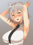  ahoge arito_arayuru armpits arms_up blush breasts fate/grand_order fate_(series) gradient gradient_background grey_background jeanne_d'arc_(alter)_(fate) jeanne_d'arc_(fate)_(all) large_breasts necktie short_hair silver_hair solo yellow_eyes 