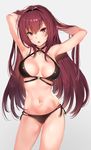  :o armpits arms_up bangs bikini black_bikini breasts contrapposto cowboy_shot criss-cross_halter eyebrows_visible_through_hair fate/grand_order fate_(series) grey_background hair_between_eyes halterneck hands_in_hair heart_pendant highres hips long_hair looking_at_viewer medium_breasts multi-strapped_bikini navel open_mouth pink_eyes purple_hair scathach_(fate)_(all) scathach_(fate/grand_order) side-tie_bikini simple_background solo standing swimsuit thighs yuran 