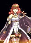  armor breastplate cape celica_(fire_emblem) fingerless_gloves fire_emblem fire_emblem_echoes:_mou_hitori_no_eiyuuou fire_emblem_gaiden gloves hikaru_(mikan0407) holding looking_at_viewer red_eyes red_hair solo tears thighhighs tiara zettai_ryouiki 