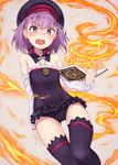  bare_shoulders black_legwear black_panties blush book fate/grand_order fate_(series) fire flat_chest hat helena_blavatsky_(fate/grand_order) holding holding_book looking_at_viewer monobe_tsukuri open_book open_mouth panties purple_eyes purple_hair short_hair simple_background solo tears thighhighs tree_of_life underwear white_sleeves 
