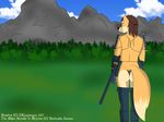  anthro armor bikini butt canine clothed clothing djcoyoteguy fox mammal melee_weapon mountain outside sky skyrim swimsuit sword the_elder_scrolls tree video_games weapon 