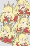  :d blonde_hair blush cagliostro_(granblue_fantasy) clenched_teeth crown eating expressions food granblue_fantasy long_hair open_mouth purple_eyes sausage smile solo teeth translated yapo_(croquis_side) 