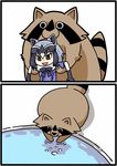  animal animal_ears bow brown_eyes bubble comic common_raccoon_(kemono_friends) gloves hair_between_eyes kemono_friends multicolored_hair open_mouth raccoon raccoon_ears seki_(red_shine) silent_comic smile tub washing water 