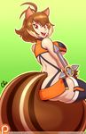  2017 animal_humanoid blazblue breasts brown_hair clothed clothing female gradient_background hair hi_res humanoid looking_back makoto_nanaya mammal nekocrispy nightstick open_mouth open_smile patreon rodent short_hair simple_background smile solo squirrel squirrel_humanoid under_boob video_games 