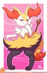  2017 3_toes ambiguous_gender anthro braixen dipstick_tail fur half-closed_eyes hi_res inner_ear_fluff looking_at_viewer multicolored_fur multicolored_tail nekocrispy nintendo patreon pok&eacute;mon red_eyes smile solo stick toes video_games 