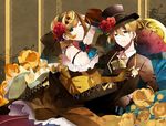  black_gloves black_hat black_jacket blonde_hair bow bowtie brother_and_sister dress earrings elbow_gloves flower formal gloves green_eyes hair_between_eyes hair_flower hair_ornament hairclip hat hat_flower indoors jacket jewelry kagamine_len kagamine_rin long_dress omutatsu one_eye_closed parted_lips red_flower shirt short_hair siblings vocaloid white_shirt yellow_bow yellow_dress yellow_flower yellow_gloves yellow_neckwear 