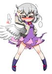  &gt;_&lt; albino bare_legs blush braid breasts closed_eyes dress french_braid full_body hand_on_hip highres jacket kawara_hajime kishin_sagume nose_blush open_clothes open_jacket pose purple_dress short_dress silver_hair single_wing small_breasts solo touhou translation_request wind wind_lift wings 