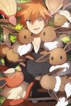  :d black_shirt brown_eyes brown_pants eevee flareon from_above gen_1_pokemon hair_between_eyes heiwa_(murasiho) jewelry lying necklace odd_one_out on_back ookido_shigeru open_mouth orange_hair pants pidgeot pidgey pokemon pokemon_(creature) pokemon_(game) pokemon_hgss shirt smile spiked_hair 