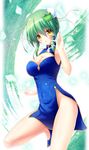  absurdres alternate_costume alternate_hairstyle blue_dress blush breasts bun_cover china_dress chinese_clothes cleavage cleavage_cutout clenched_hand covered_navel double_bun dress eyebrows_visible_through_hair frog_hair_ornament green_background green_hair hair_ornament high_heels highres kochiya_sanae large_breasts looking_at_viewer no_panties open_mouth osashin_(osada) short_hair side_slit snake_hair_ornament solo touhou yellow_eyes 