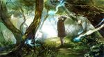  arm_up black_gloves day forest from_behind ginko gloves grey_pants male_focus mushi_(mushishi) mushishi nature noki_(affabile) outdoors pants silver_hair solo tree 