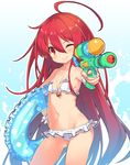  ;) ahoge alastor_(shakugan_no_shana) ass_visible_through_thighs bikini bikini_skirt blue_innertube commentary_request contrapposto cowboy_shot flat_chest foreshortening hair_between_eyes holding huge_ahoge innertube jewelry long_hair looking_at_viewer navel necklace one_eye_closed pendant polka_dot red_eyes red_hair revision roke shakugan_no_shana shana simple_background smile solo standing stomach swimsuit very_long_hair water_gun white_bikini wrist_cuffs 