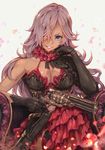  armor armored_dress bangs blue_eyes breasts chair cinderella_(sinoalice) cleavage collarbone dark_skin detached_collar dress elbow_gloves eyelashes frills gloves gun hair_over_one_eye highres holding holding_gun holding_weapon hoshizaki_reita large_breasts lips long_hair looking_at_viewer navel patterned_clothing petals shiny shiny_skin simple_background sinoalice sitting smile smirk solo weapon 