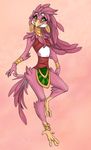  2015 anthro avian beak clothed clothing feathers female green_eyes karinca_wildfang midriff pink_feathers pink_theme solo tail_feathers talons 