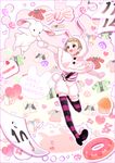  abe_(kumayu) animal_hood blush brown_hair bunny_hood candy cupcake food full_body green_eyes highres himeno_kanon hood idolmaster idolmaster_side-m male_focus purple_legwear solo striped striped_legwear stuffed_animal stuffed_bunny stuffed_toy thighhighs 