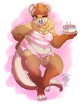  4_toes anthro breasts cake cleavage clothed clothing eyebrows eyelashes female food fur hair hand_on_hip looking_at_viewer mammal midriff mustelid one_eye_closed otter seamen shorts slightly_chubby smile solo toeless_(marking) toes wide_hips wink 