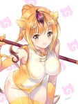 animal_ears bangs blonde_hair blush bracelet breasts brown_hair elbow_gloves eyebrows_visible_through_hair gloves golden_snub-nosed_monkey_(kemono_friends) green_eyes hair_ornament holding holding_weapon japari_symbol jewelry kemono_friends leotard looking_at_viewer medium_breasts min-naraken monkey_ears monkey_tail multicolored_hair open_mouth patterned_background polearm ponytail signature simple_background smile solo tail thighhighs weapon yellow_leotard 