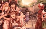 ;d ^_^ apron arm_around_shoulder arm_holding ascot bandages bangs belt blonde_hair blunt_bangs bow bowtie brown_eyes brown_hair bun_cover chain chinese_clothes closed_eyes commentary destruction drunk flower gourd hair_bow hair_tubes hakurei_reimu hand_on_hip hat highres holding_arms horn_ribbon horns ibaraki_kasen ibuki_suika kirisame_marisa long_hair looking_back mefomefo multiple_girls one_eye_closed open_mouth red_hair ribbon rose serious shrine smile thumbs_up touhou tree waist_apron wavy_hair wide_sleeves witch_hat wrist_cuffs yellow_eyes 