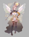  adapted_costume blue_eyes commentary dress feathered_wings flower frilled_dress frills gem glowing glowing_weapon grey_background hand_on_hip high_ponytail holding holding_staff jewelry long_hair looking_at_viewer magical_girl mercy_(overwatch) on_shoulder overwatch pendant petals rose rose_(jaakotodile) simple_background solo spread_wings staff star thighhighs weapon white_wings wings zettai_ryouiki 