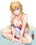  american_flag_bikini bikini blonde_hair blue_eyes breasts flag_print front-tie_bikini front-tie_top hair_between_eyes hammerman_benkei iowa_(kantai_collection) kantai_collection large_breasts long_hair mismatched_bikini side-tie_bikini sitting smile solo star star-shaped_pupils swimsuit symbol-shaped_pupils 