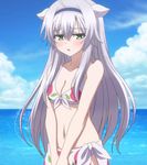  1girl bikini blush cat_ears green_eyes hairband highres long_hair navel parted_lips rokudenashi_majutsu_koushi_to_akashic_record screencap silver_hair sistine_fiber stitched 