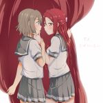  2girls absurdres blue_eyes blush chin_grab curtain_grab curtains grey_hair grey_skirt hair_ornament hairclip half_updo hand_on_another&#039;s_chin highres long_hair looking_at_another love_live! love_live!_sunshine!! miniskirt multiple_girls neckerchief pleated_skirt red_hair red_neckwear sakurauchi_riko school_uniform serafuku short_hair short_sleeves skirt smile stage_curtains tie_clip translation_request uranohoshi_school_uniform watanabe_you yellow_eyes yuchi_(salmon-1000) yuri 