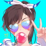  bitto34 blue_background brown_hair bubble_blowing d.va_(overwatch) facial_mark heart heart-shaped_eyewear overwatch solo v 