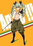  anchovy anzio_military_uniform bare_shoulders bikini_top black_gloves boots breasts clothes_around_waist drill_hair flag_background girls_und_panzer gloves green_hair hair_ribbon jacket_around_waist looking_at_viewer military military_uniform navel pointing pointing_at_viewer red_eyes ribbon riding_crop small_breasts smile solo tasaka_shinnosuke twintails uniform 