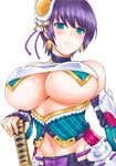  alternate_hair_color aqua_eyes bare_shoulders breasts detached_sleeves hair_ornament honeybump huge_breasts looking_down midriff navel oshiro_project purple_hair sakado_(oshiro_project) short_hair solo sword underboob weapon white_background 