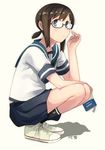  anchor_symbol bespectacled black_legwear blue_eyes blue_skirt book brown_hair character_name fubuki_(kantai_collection) full_body glasses kantai_collection looking_at_viewer makio_(makiomeigenbot) pleated_skirt ponytail school_uniform serafuku shadow shoes short_hair simple_background skirt sneakers solo squatting white_background white_footwear 