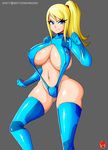  adapted_costume ass blonde_hair breasts cleavage huge_breasts large_breasts metroid nintendo revealing_clothes sagging_breasts samus_aran sling_bikini solo super_smash_bros. witchking00 