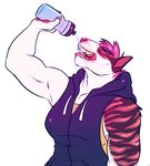  2016 anthro biceps biped blue_clothing blue_topwear brown_fur bull_terrier canine clothed clothing digital_media_(artwork) dog drinking eyes_closed female flynx-flink front_view fur hair half-length_portrait holding_object hoodie leo_(flynx-flink) mammal multicolored_fur muscular muscular_female open_mouth pink_fur pink_hair pink_nose pink_stripes pink_tongue portrait raised_arm short_hair simple_background snout solo striped_fur stripes teeth tongue water water_bottle white_background white_fur 
