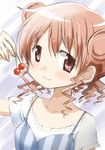  blush brown_hair cherry double_bun food fruit hidamari_sketch hiro kinfuji pink_hair short_hair 