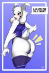  2017 anthro asriel_dreemurr balls big_butt blush boss_monster bulge butt caprine clothed clothing crossdressing fur girly goat green_eyes horn long_ears looking_at_view looking_back male mammal one-piece_swimsuit open_mouth simple_background solo speech_bubble swimsuit thick_thighs tongue undertale video_games white_fur zzvinniezz 
