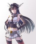  bare_shoulders black_gloves black_hair breasts collar elbow_gloves fingerless_gloves gloves hair_between_eyes halterneck hands_on_hips headgear highres kantai_collection long_hair looking_at_viewer medium_breasts metal_belt midriff miniskirt nagato_(kantai_collection) navel parted_lips pleated_skirt red_eyes red_legwear sanagi shiny shiny_hair skirt solo striped striped_skirt teeth thighhighs very_long_hair white_skirt zettai_ryouiki 