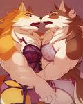  2017 anthro biceps big_muscles blush bra bulge canine clothed clothing crossdressing duo ears_up hair kemono korosuke lingerie male male/male mammal muscular muscular_male open_mouth panties simple_background sweat teeth tongue underwear 