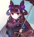  1girl :| artist_name breasts brown_hair closed_mouth collar crossed_arms double_bun dress fate/grand_order fate_(series) frilled_collar frills holding holding_umbrella large_breasts long_hair murasaki_shikibu_(fate) purple_eyes solo striped striped_dress umbrella very_long_hair yuzuki_gao 