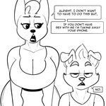  anthro breasts canine clothed clothing dialogue dianna_(komponi) duo english_text female fur greyscale hair kom komponi makeup male mammal monochrome open_mouth text 