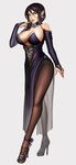  bare_shoulders breasts bridal_gauntlets dress evening_gown finger_to_mouth grey_background highres large_breasts legs lieqi_hun long_legs looking_at_viewer orange_eyes original pantyhose pointy_ears simple_background skull_choker smile solo thighs vampire 