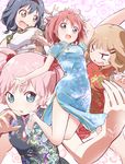  4girls :d akaza_akari angry blonde_hair blue_eyes blue_hair breasts brown_eyes bun_cover china_dress chinese_clothes double_bun dress fighting_stance floral_background furutani_himawari hair_bun hair_ornament hairband hairclip jumping kamiki_uutarou looking_at_viewer multiple_girls oomuro_sakurako open_mouth pink_hair purple_eyes red_hair shoes smile sweatdrop twintails yoshikawa_chinatsu yuru_yuri 