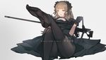  bangs barrett_m98b black_dress black_gloves black_legwear blunt_bangs brown_eyes brown_hair commentary dress eyebrows_visible_through_hair frills gloves gun hairband highres holding holding_gun holding_weapon legs leupold_optics lisa_(kimiko2016) long_hair looking_at_viewer open_mouth original pantyhose plantar_flexion rifle scope sidelocks sitting smile sniper_rifle soles solo thighs toes weapon 