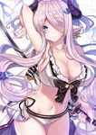  arm_up bad_arm bikini blue_eyes blush breasts butterfly_earrings cleavage closed_mouth collarbone commentary_request cowboy_shot draph earrings error granblue_fantasy hair_over_one_eye holding holding_sword holding_weapon horns jewelry katana kurata_muto large_breasts long_hair looking_at_viewer narmaya_(granblue_fantasy) pointy_ears purple_hair smile solo swimsuit sword weapon white_bikini 