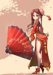  absurdres brown_hair china_dress chinese_clothes dress flower from_side full_body hair_flower hair_ornament high_heels highres holding holding_umbrella jewelry legs long_hair looking_at_viewer oriental_umbrella original red_eyes side_slit smile solo splish standing umbrella wide_sleeves 