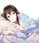  bad_id bad_pixiv_id bangs bed_sheet black_hair blue_shirt blush breasts buttons cleavage closed_mouth collarbone eyebrows_visible_through_hair furururu green_eyes hair_between_eyes idolmaster idolmaster_cinderella_girls long_hair long_sleeves looking_at_viewer lying on_side pajamas partially_unbuttoned pillow pillow_grab shibuya_rin shirt small_breasts smile solo upper_body white_background 